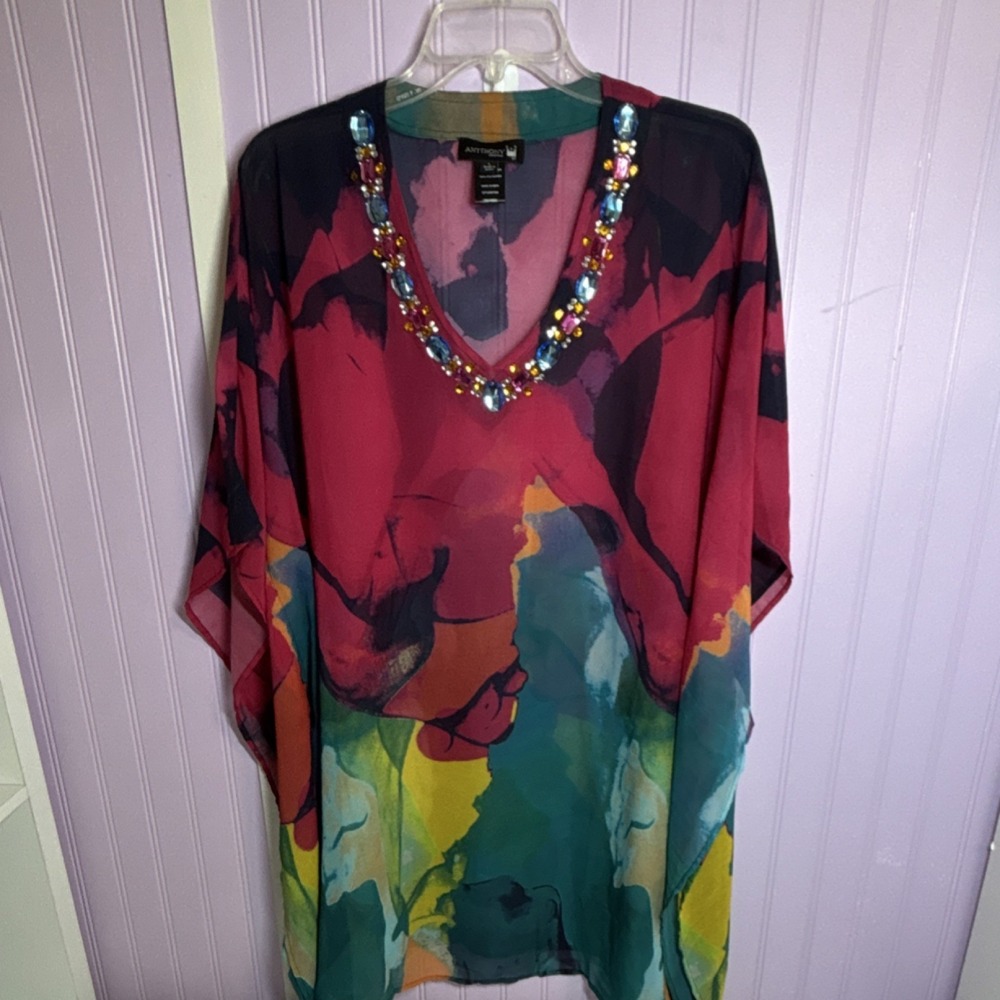 Anthony Original Multicolor Abstract Sheer Beaded V-Neck Tunic Kimono L